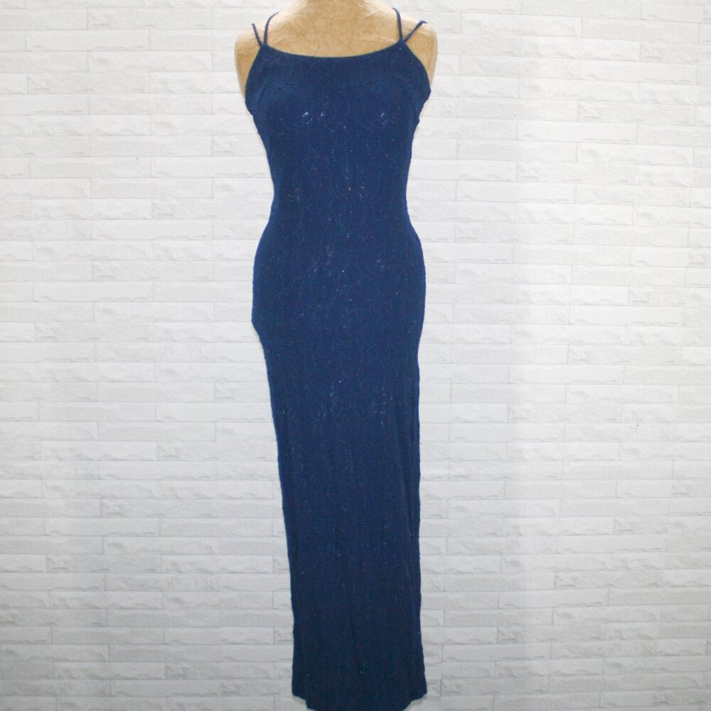 STEPPIN' OUT Maxi Dress Bodycon Sleek Party Embellished Long Stretch Blue Small